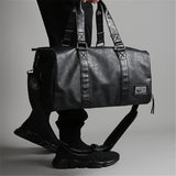 Black Men Travel Duffel Waterproof PU Leather Handbags Shoulder